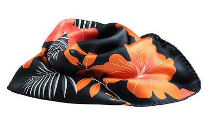 Orange and Black Floral Silk Scarf Draped on Black Background