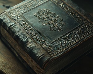 Fototapeta premium Ornate, antique leather-bound book, detailed close-up view.