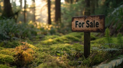 Rustic wooden sign indicating property for sale within a lush forest.