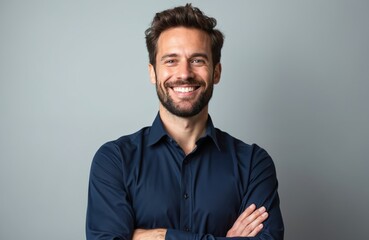 Obraz premium Handsome man smiles, arms crossed. Happy businessman in dark blue shirt poses confidently against grey background. Pro studio portrait. Successful business person with positive expression.