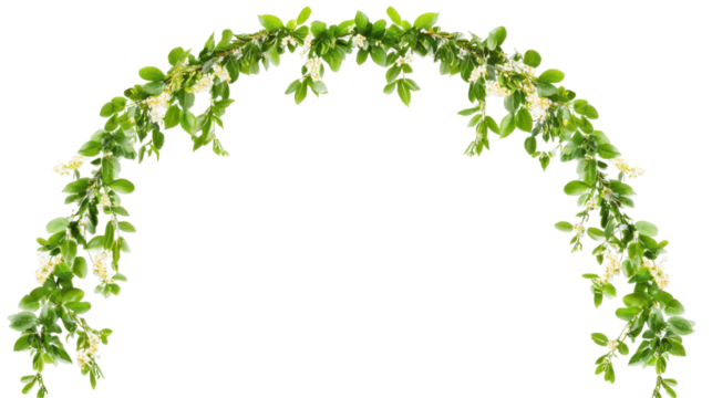 Decorative Floral Arch Made of Green Leaves and Delicate White Flowers on a Transparent Background