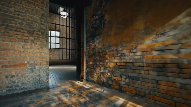 Sunlit corner in a rustic brick room with worn wooden floor and large window
