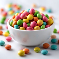 A white bowl filled with colorful candies