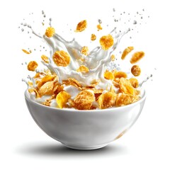A white bowl filled with cornflakes and milk. The milk is splashing upwards as it is poured into the bowl