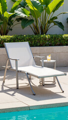 Fototapeta premium Modern sunbed beside shimmering pool, relaxation and leisure