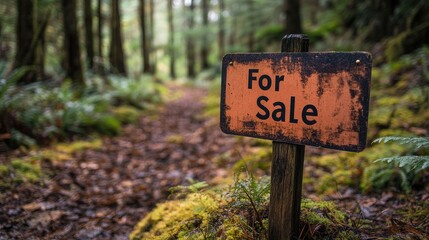 Rusty orange for sale sign marks a woodland path.