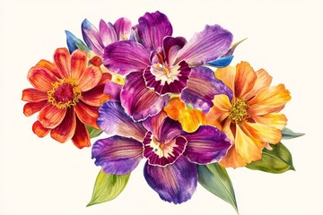 Obraz premium Vibrant floral arrangement of orchids and zinnias.