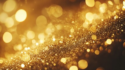 Golden dust and glitter bokeh particles effect against black background. Shimmering gold lights abstract overlay