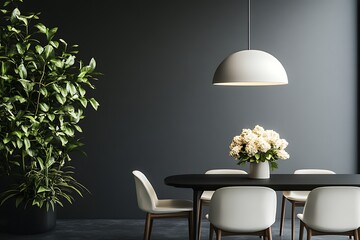 Modern dining room design with elegant white chairs a dark table and a lush green plant illuminated by a soft pendant