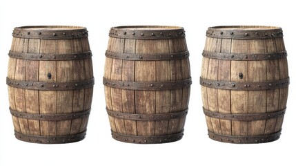 Obraz premium set of wooden oak barrels isolated on white background, PNG.
