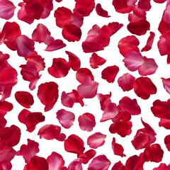 Scattered red rose petals float against a bright white background