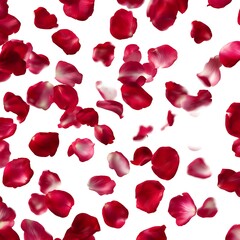 Scattered red rose petals float against a bright white background