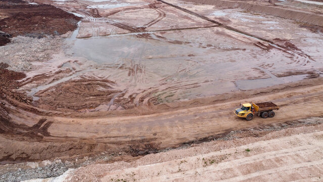 Drone view of a truck in a quarry