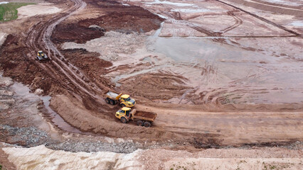 Drone view of a trucks in a quarry