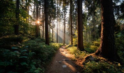 Fototapeta premium Sunlight path through a misty forest, tranquil morning, nature walk, serene woodland, scenic trail