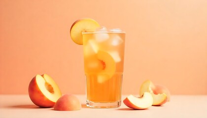 Refreshing Peach Iced Tea Drink with Slices of Peach Fruit