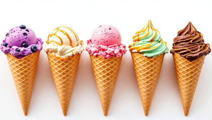 Colorful Ice Cream Scoops on Waffle Cones - Isolated on White Background