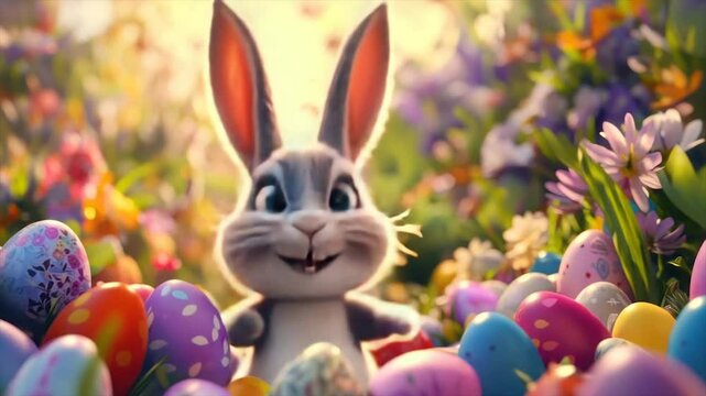 Adorable bunny surrounded by colorful Easter eggs in a spring flower garden