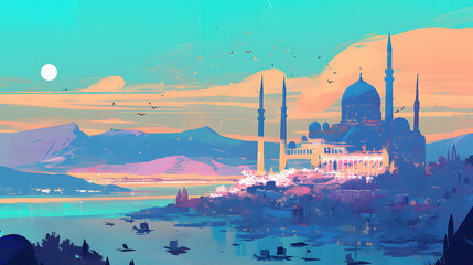 Obraz premium Mosque Towers Colorful Illustration