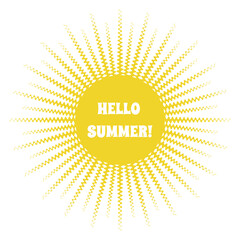 Yellow sun rays background with text Hello Summer. Vector illustration in square format.	
