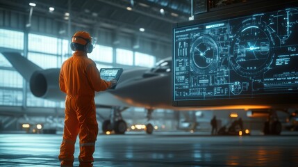 An aircraft technician in an orange safety suit monitors a futuristic digital interface displaying diagnostics and schematics of an airplane inside a hangar.