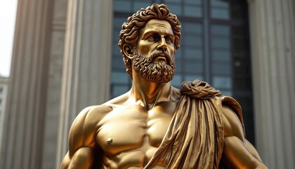 Obraz premium Golden statue of greek or roman god. Ancient sculpture in gold color, historical landmark. Bust with beard on background of columns and sky, symbol of strength, history, culture.