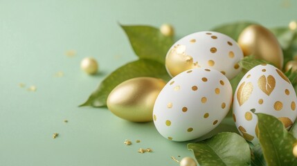 Golden and white decorative Easter eggs displayed elegantly among green leaves, set on a pastel green background. Represents spring celebration, renewal, and festive decoration for Easter and springt
