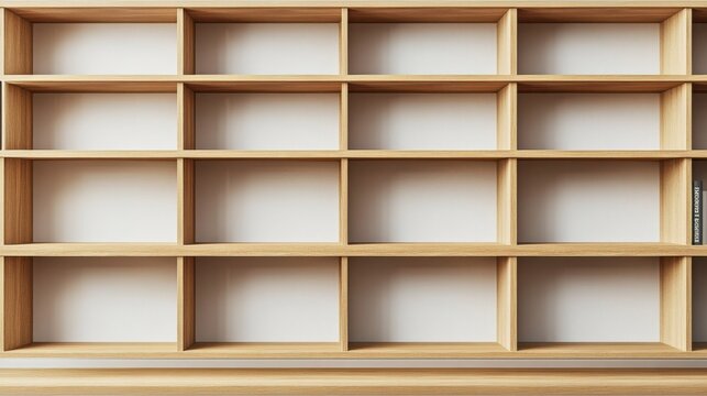 Minimalist contemporary wooden bookshelves or bookcases with empty shelves in a modern clean home or office interior design. Versatile storage and display solution for books decor and organization