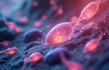 Microscopic view of the fertilization process. Glowing cellular membranes, intricate structures. Biology, science, reproduction, development. Medical illustration depicts life beginning.