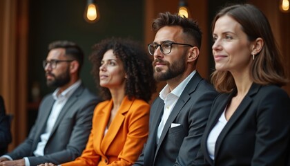 Group of diverse business people listening attentively at a conference or seminar. Team of professionals at business meeting. QA session with speaker. People in suits. Pro event, networking.