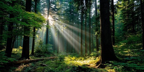 Obraz premium Sunlight streams through a lush forest, tranquil woodland scene