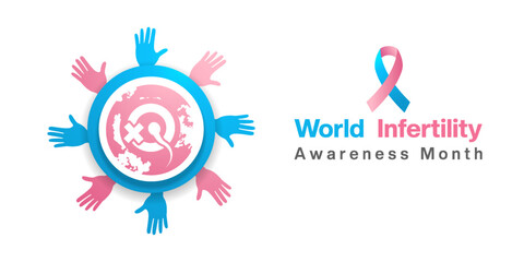 June Is World Infertility Awareness Month. Earth, sperm, hand and ribbon. Suitable for posters, banners, social media and more. White background.