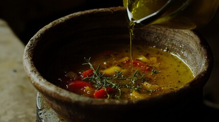 Aromatic Vegetable Soup in Rustic Bowl, Pouring Olive Oil, Delicious and Healthy