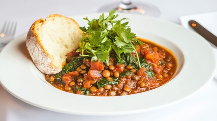 Scrumptious Lentil Stew with Fresh Herbs and Bread - A Hearty and Healthy Dish