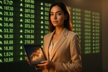 Portrait of a confident businesswoman holding a glowing tablet with financial graphs in front of a digital stock market ticker board, symbolizing empowerment and smart investing in modern fintech