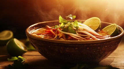 Aromatic Bowl of Hot and Flavorful Noodle Soup with Lime
