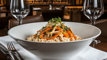 Aromatic Chicken and Vegetable Rice Dish in a Restaurant Setting