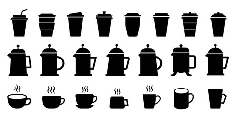 Set of coffee cup, teapots, and simple cup vector illustration