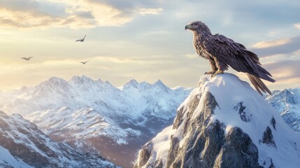 Fototapeta premium Eagle perched atop snowy mountain peak at sunset