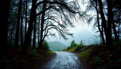 Fototapeta premium Rain-Soaked Forest Path Winding Through Dark Pines to Misty Hills