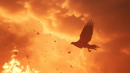 Obraz premium Eagle soaring above wildfire, fiery sky, environmental disaster, stock photo