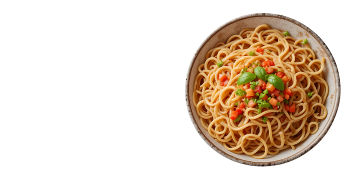 Stylized food blog image of Hakka noodles with text overlay space and pastel background.