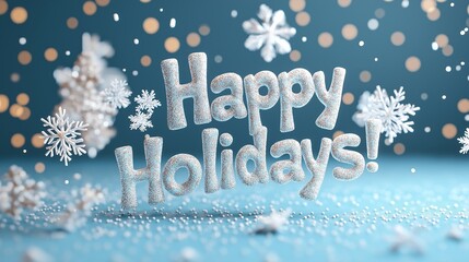 A festive 'Happy Holidays' message in glittery 3D letters surrounded by floating snowflakes and holiday decorations, expressing cheerful celebration and winter spirit.