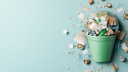 A visual metaphor showing Earth as a globe overstuffed in a green bin surrounded by scattered trash, representing environmental neglect, waste crisis and the urgent need for recycling.