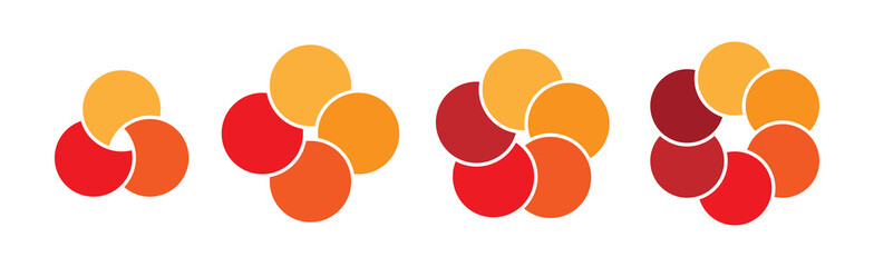 Colorful overlapping circles of infographic pie chart divided into 3-6 parts