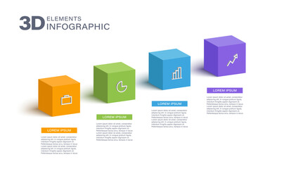 Business process chart infographics with 4 step cubes. Cubic corporate workflow graphic elements. Company flowchart presentation slide. Vector infographic in isometric design.