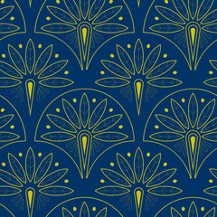 Art Deco seamless pattern on a blue background. Gold floral symmetrical endless print for wallpaper, fabric, and wrapping paper—geometric illustration.