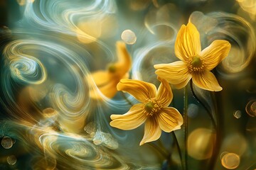 Fototapeta premium Golden buttercup blossoms dance in swirling ethereal light a dreamy nature scene with soft bokeh and warm hues