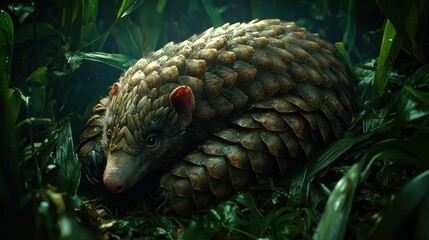 Pangolin Enshrouded by Jungle Foliage: A Study in Texture and Shadow