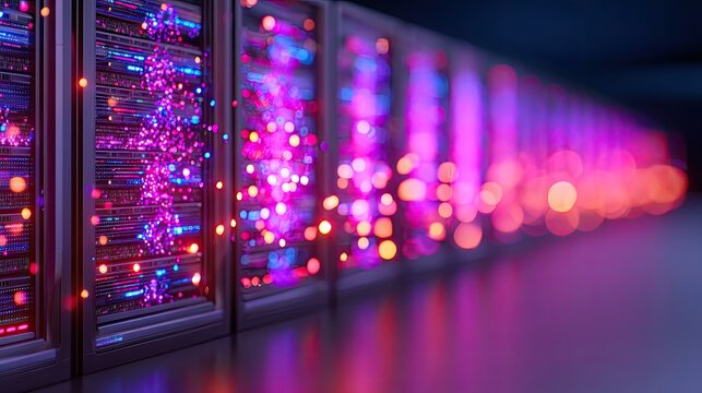Social media regulation Vibrant digital server room with colorful lights and abstract patterns.